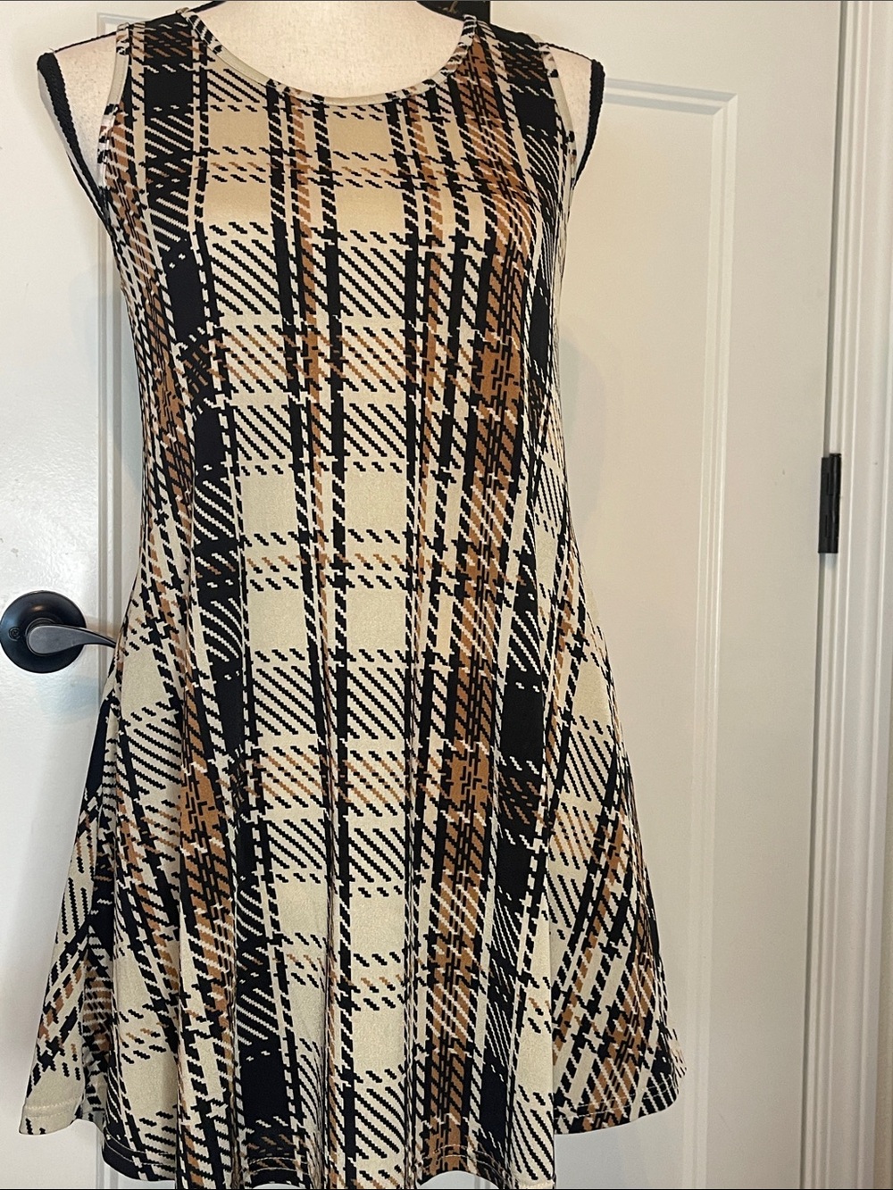 Sleeveless Plaid Midi Dress in Cream, Black and Tan